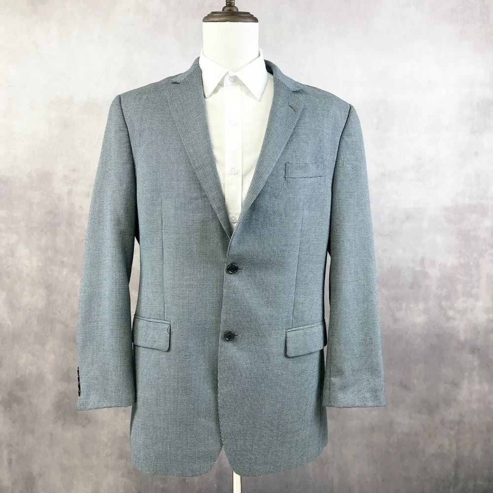 IZOD Mens Sport Coat Blazer Jacket Size 42L Blue Houndstooth Preppy Smart Casual